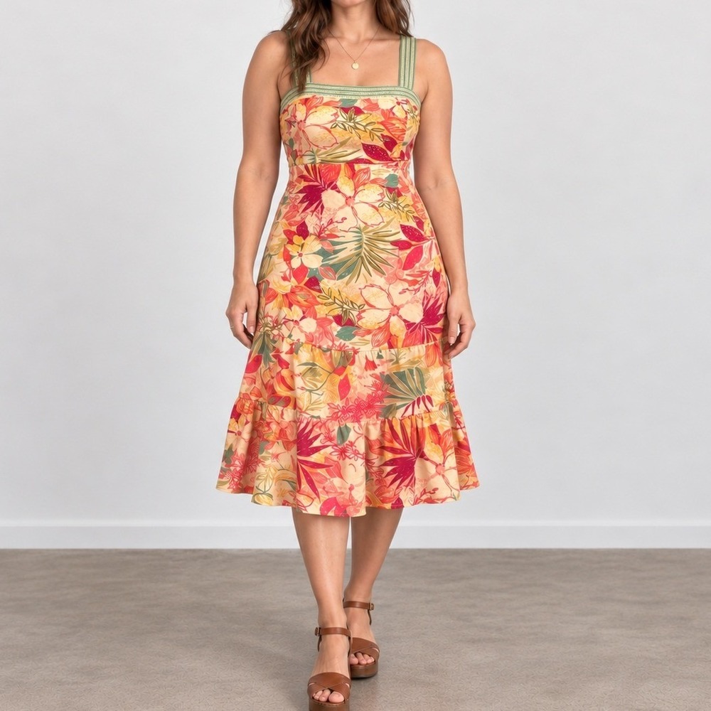 VTG Y2K R&K Originals Floral Cotton Smocked Midi Dress Tropical Sun Dress 12